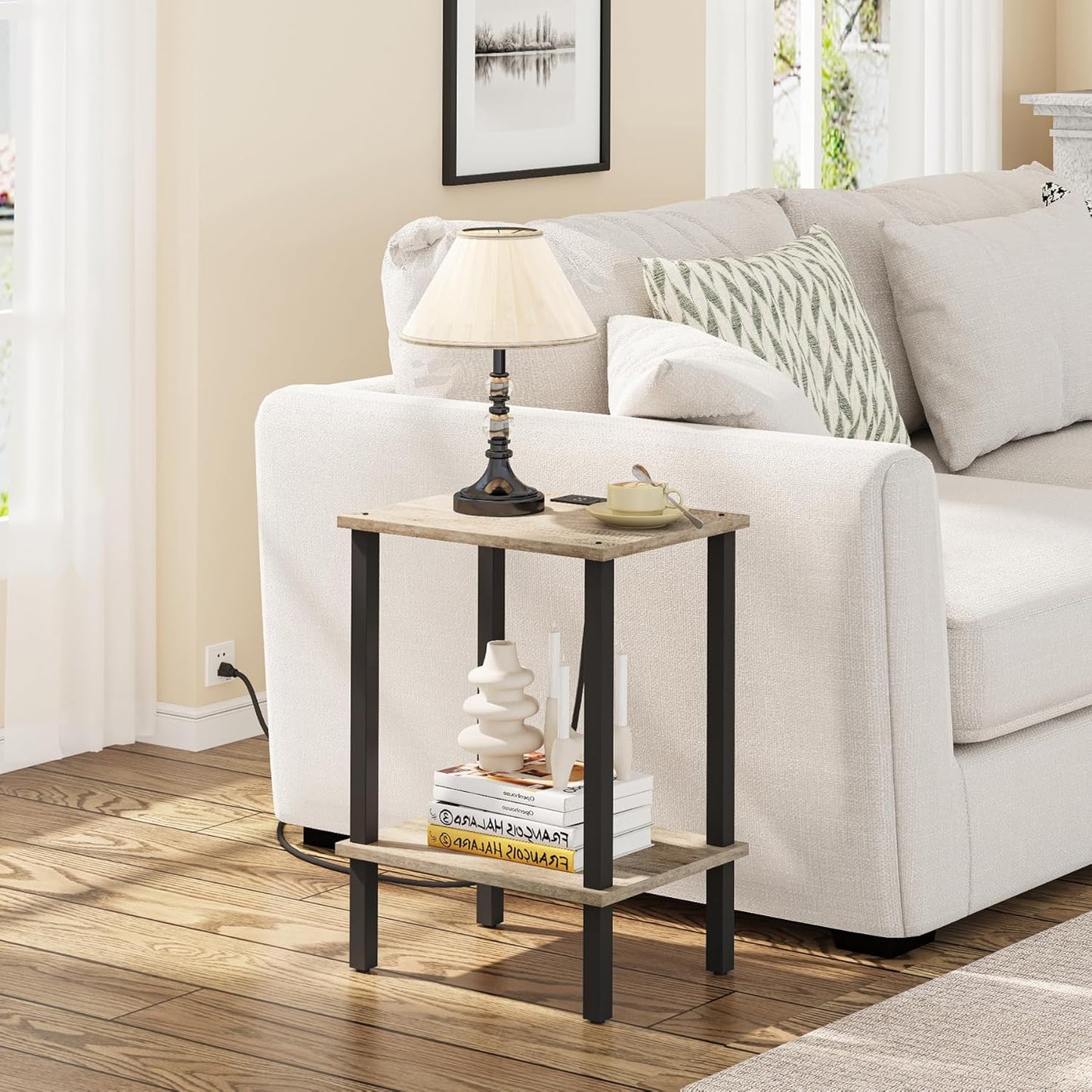 TUTOTAK End Table with Charging Station, Small Side Table with Outlets, Nightstand Bedside Table, 2-Tier Storage Shelf for Small Space, Living Room, Bedroom, Greige TB01BG040