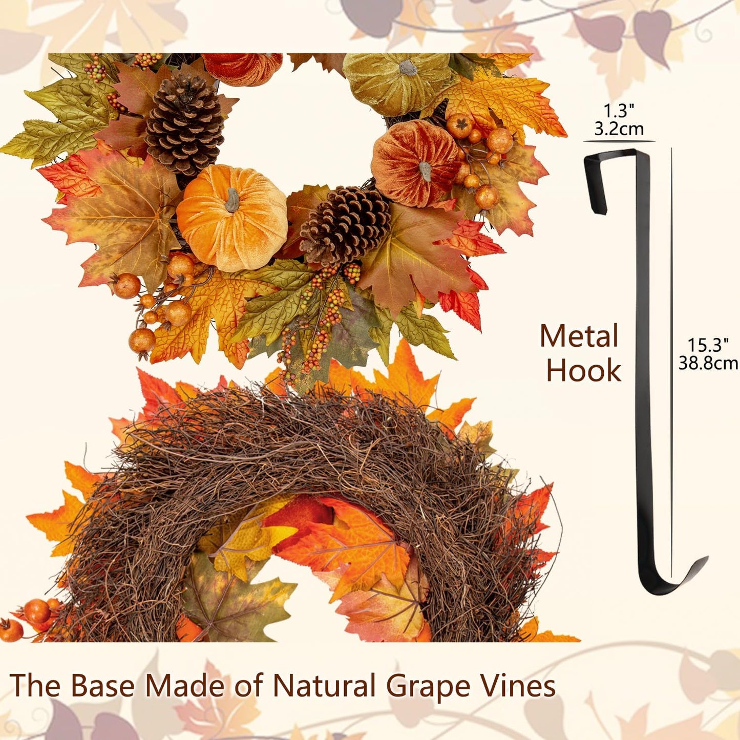 Fall Wreaths for Front Door 16'' Autumn Velvet Pumpkin Wreath with Metal Hook Harvest Maple Wreath Fall Decoration for Home Halloween Thanksgiving Decoration, Briful