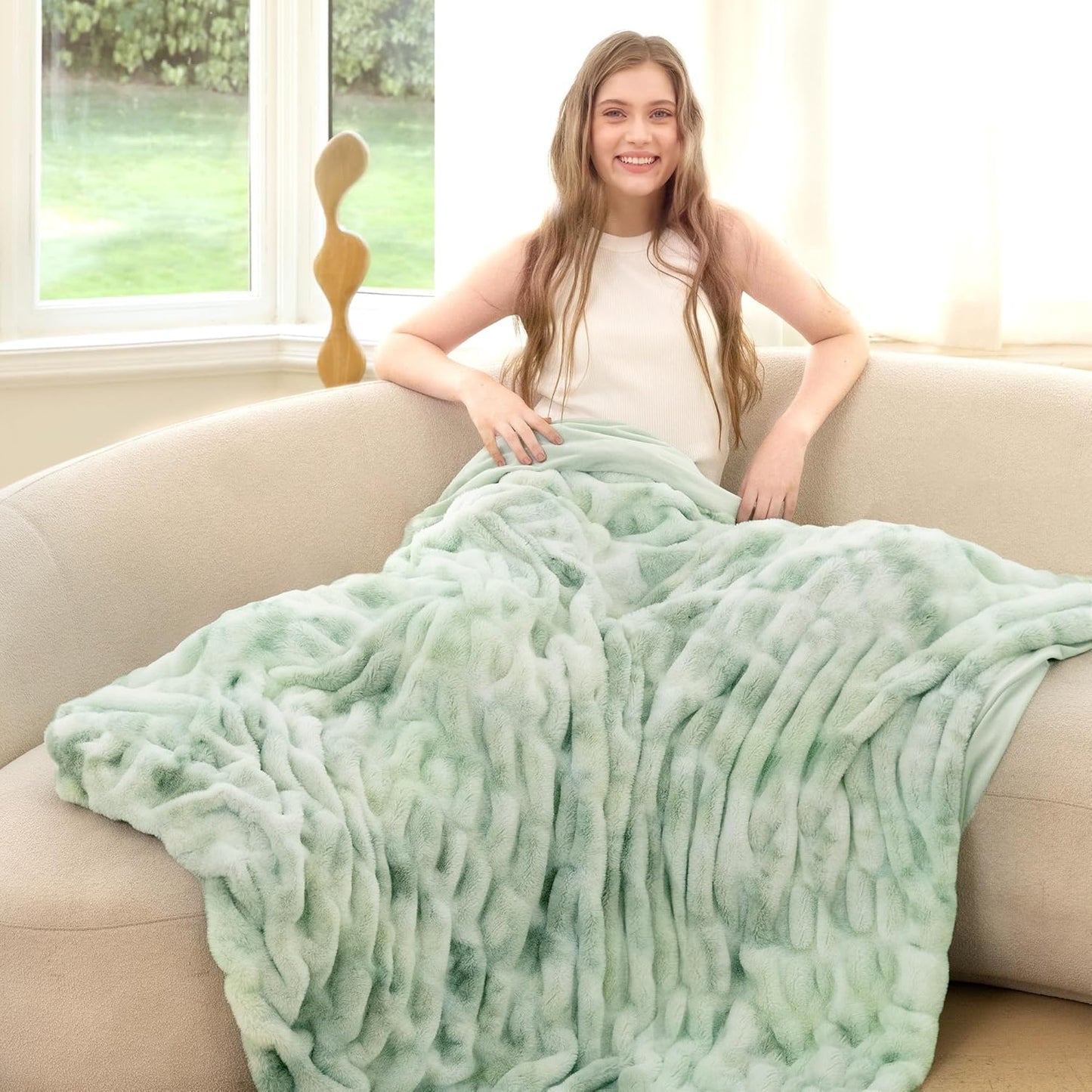 Faux Fur Blanket, Throw Blanket for Couch, Fluffy Blanket with Stretch Ruched Design, Ultra Soft Giftable Home Decor, 50x60 inches, Tie-Dyed in Sage Green