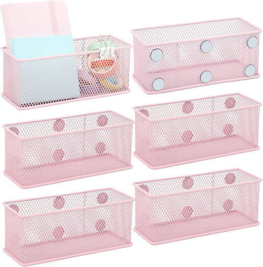 EASEPRES Magnetic Pencil Holder Set of 6 - Wire Mesh Storage Baskets Organizer with Strong Magnets - Perfect for Whiteboard, Refrigerator and Locker Accessories, Pink