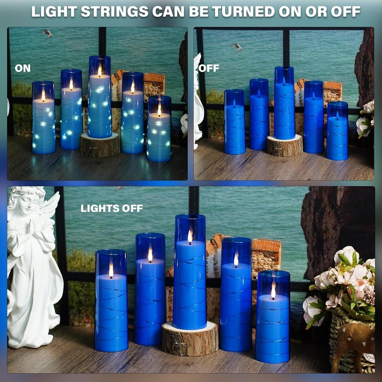 Flickering Flameless LED Candles,Battery Operated Candles 9 Pcs with Embedded Star String,Acrylic LED Pillar Candles with Remote,Suitable for Home Decoration to Create an Atmosphere (Blue)