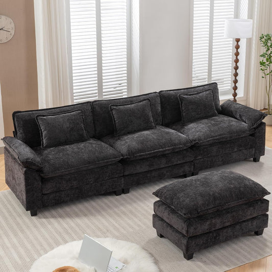 URRED Modular Sectional Sofa Comfy Cloud Couch, Modern Chenille Sofa Sleeper Deep Seat Couches with Ottoman/Pillows for Living Room (Black, 117''- L Shape)