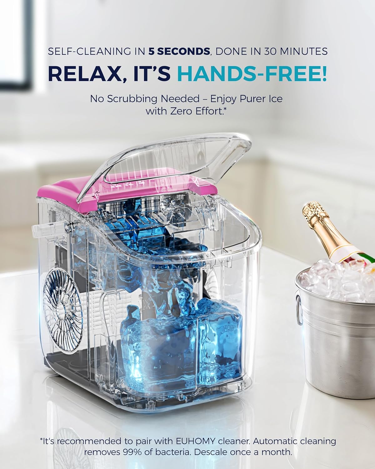 EUHOMY Countertop Ice Maker Machine with Handle, 26lbs in 24Hrs, 9 Ice Cubes Ready in 6 Mins, Auto-Cleaning Portable Ice Maker with Basket and Scoop, for Home/Kitchen/Camping/RV. (Pink)