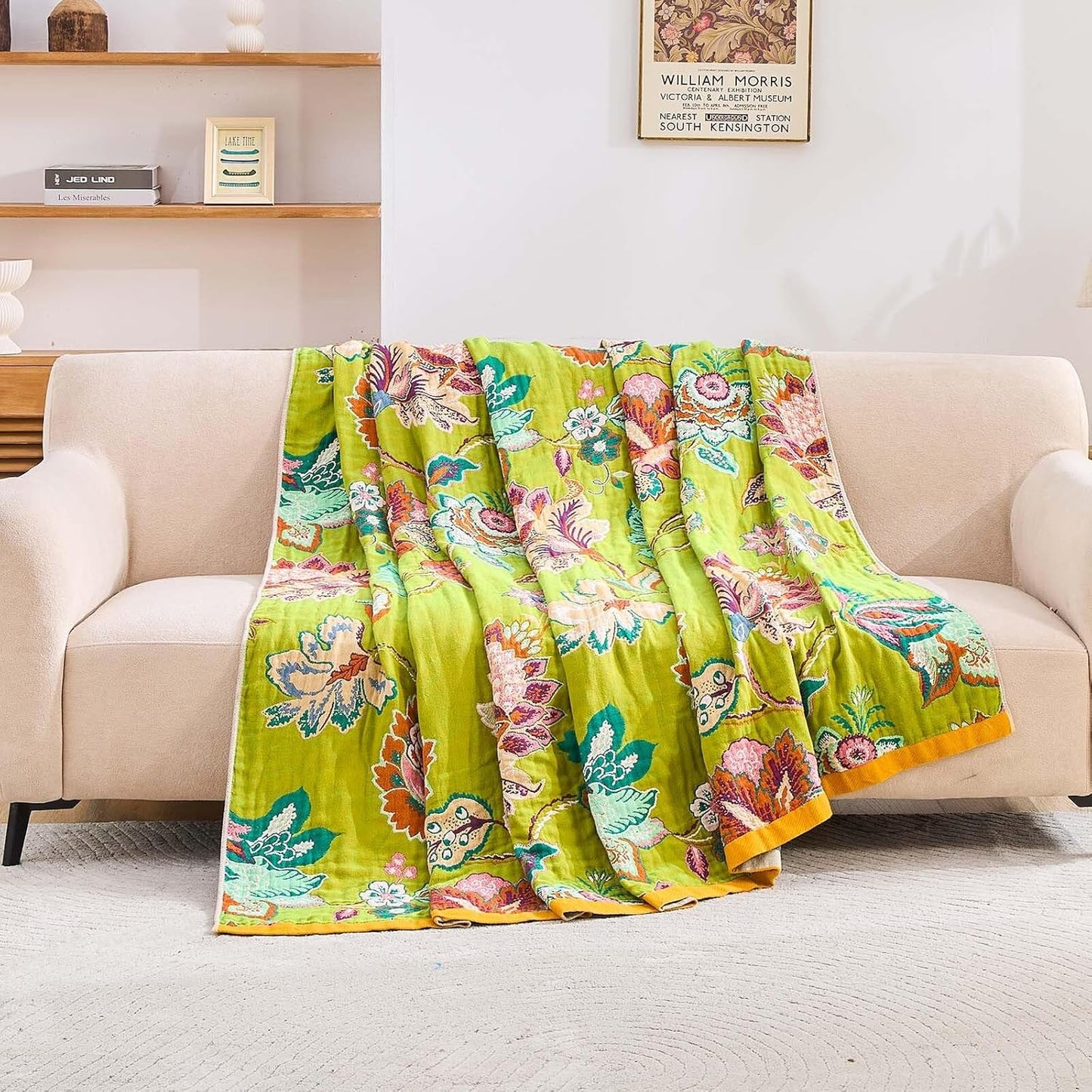 Fall Throw Blanket, 100% Cotton Soft Rustic Boho Throw Blanket for Bed, 80"x90" Farmhouse Decor Bed Flower Blankets, Light Weight Reversible Bohemian Throw Quilt