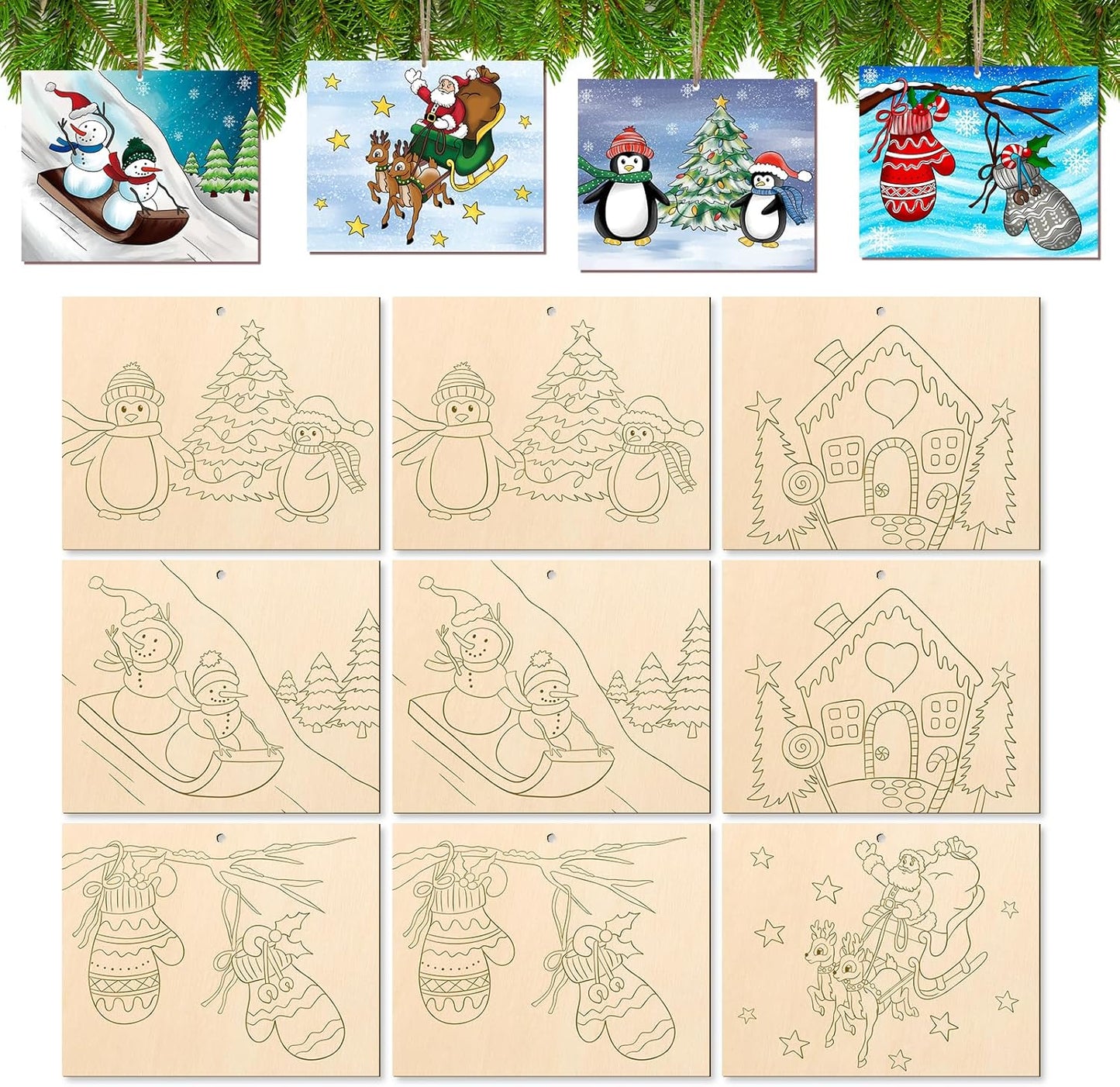 COCHIE 10 Pieces Large Christmas Unfinished Wood Crafts to Paint for Adults and Kids, Bulk Winter Predrilled Wooden Ornaments for Painting, Peppermint Candy House Paintable Wood Slices Craft Supplies