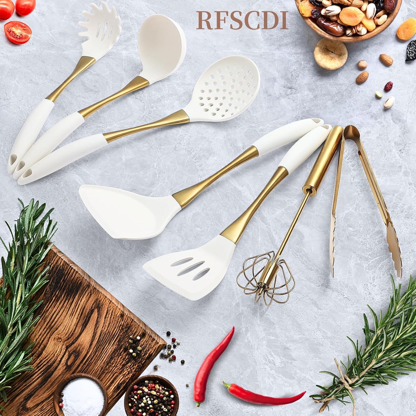 Elegant White Gold Silicone Cooking Utensils Set - Non-Toxic, Dishwasher Safe Kitchen Utensils Set with Heat Resistant Comfort Handles - Includes Spatula & Spoon for Nonstick Cookware