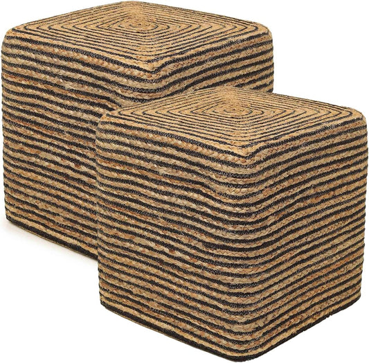 REDEARTH · Cube Pouf Foot Stool Ottoman - Jute Braided Pouffe Poof Accent Sitting Footrest for The Living Room, Bedroom, Nursery, Lounge 50% Jute 50% Cotton Set of 2 (14.5”x14.5”x16”; Natural Black)