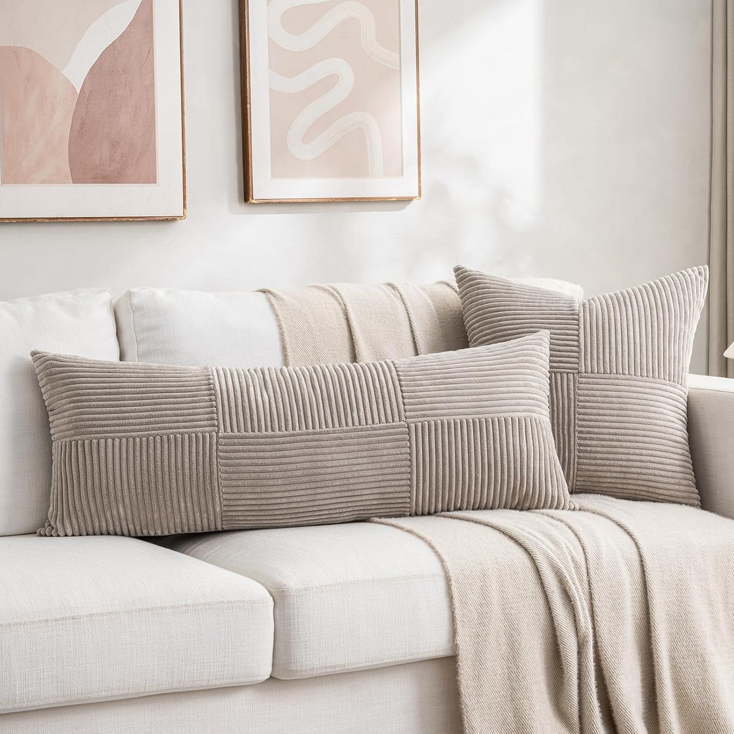 Fancy Homi Set of 2 Neutral Taupe Boho Long Lumbar Body Decorative Throw Pillow Cover 14x36 Inch for Bed Couch Bedroom Bench, Soft Patchwork Corduroy Textured Pillow Case, Farmhouse Room Decor