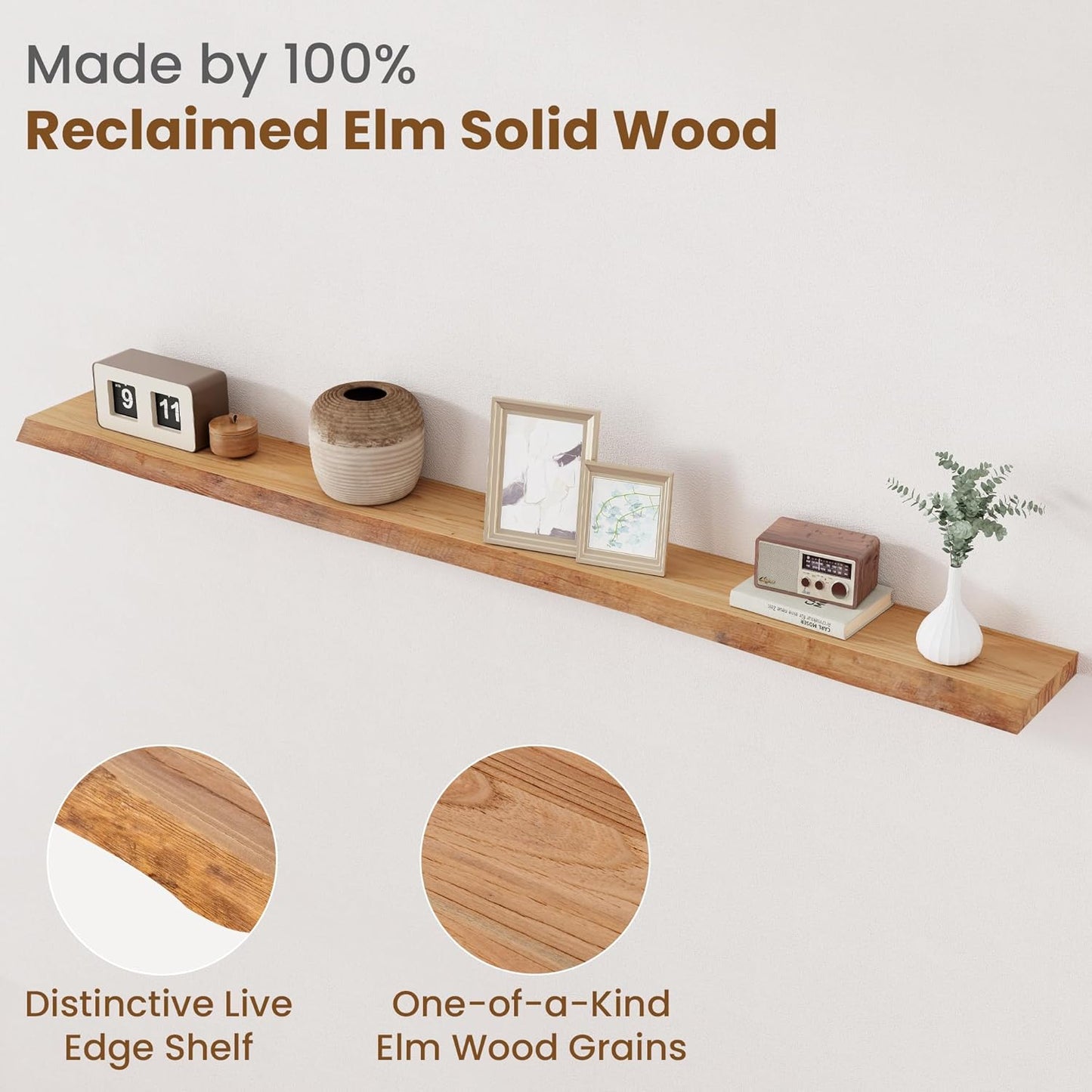 Floating Shelves for Wall Decor, Rustic Solid Elm Wood Floating Shelves Wall Mounted, Wall Shelves with Invisible Bracket for Living Room Bathroom Bedroom Kitchen, 72 Inch, Natural