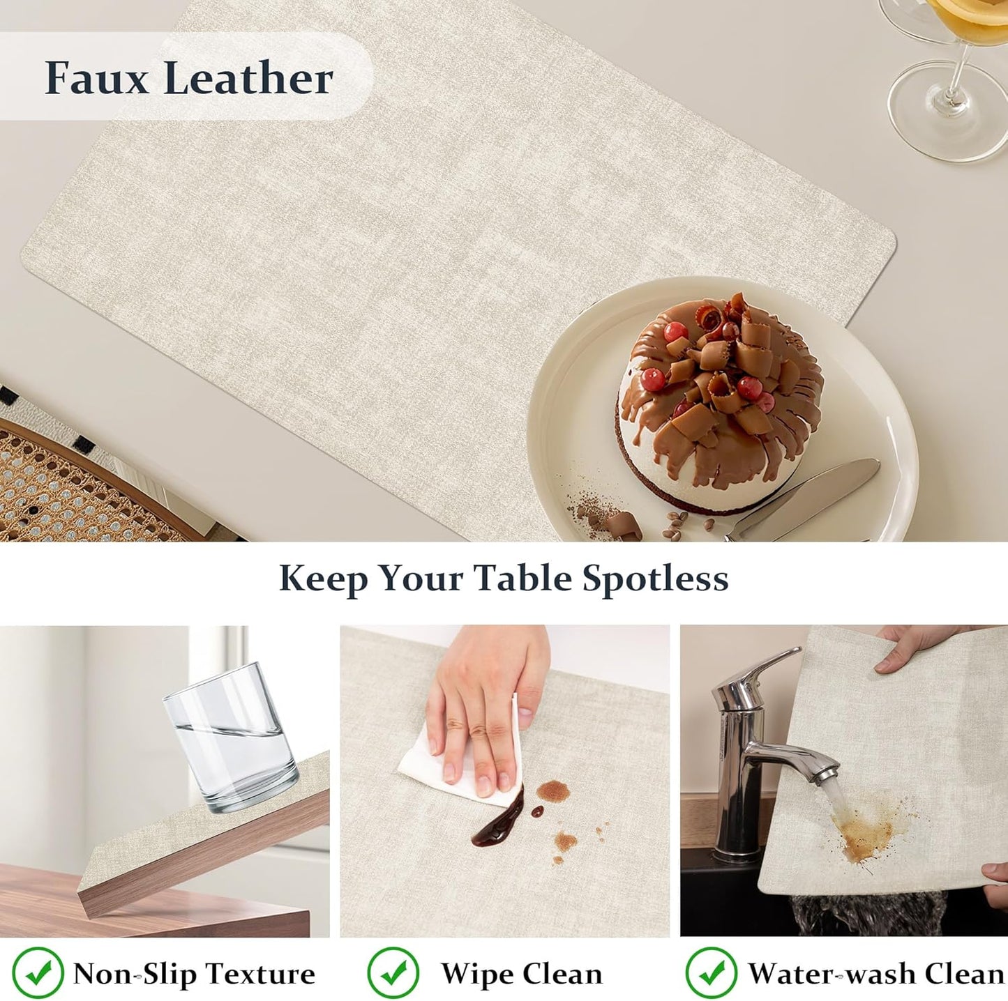 FROMHEART Faux Leather Placemats Set of 8–Waterproof,Heat/Oil Stain-Resistant PU Table Mat–Reversible,Non-Slip,Easy to Clean Place Mats for Kitchen,Dining,Indoor/Outdoor,(Beige,11.8" x 17")