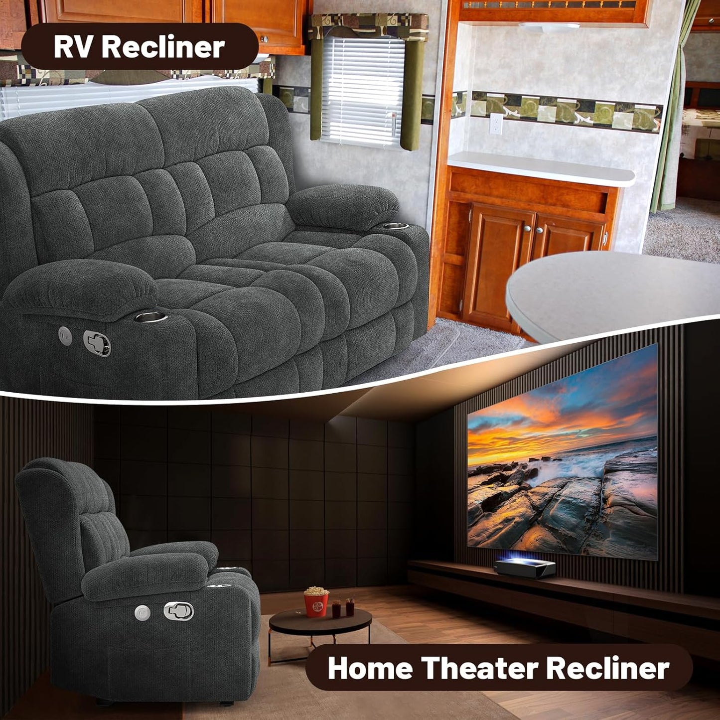 Loveseat Recliner Sofa, 2 Seater Minimalist Style Fabric Manual Pull Tab Reclining Loveseat with USB Charge Ports, Cup Holders, Recliner Love Seat Couches for Living Room, RV, Gray