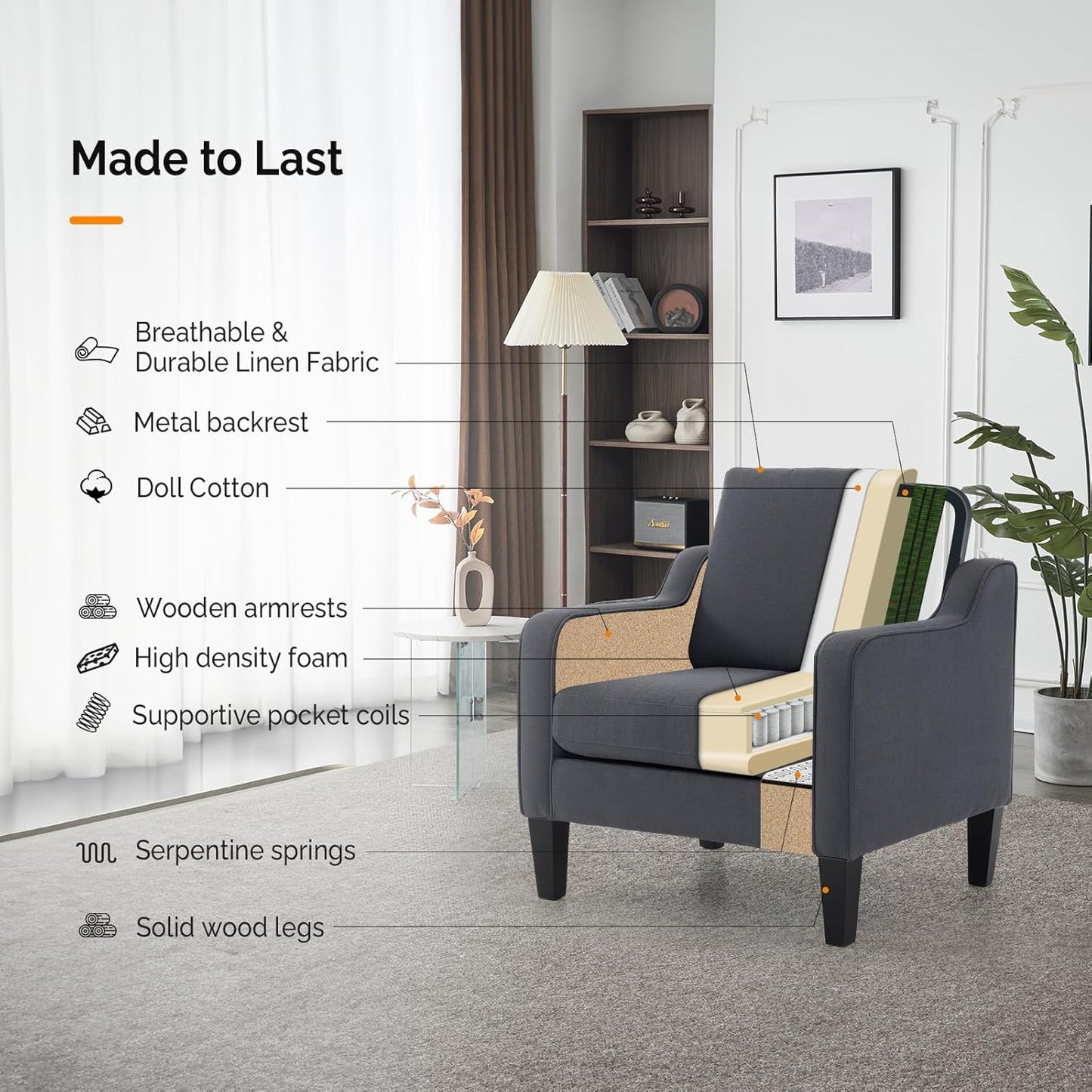 VINGLI Accent Chairs Set of 2 Living Room Chairs Dark Grey Reading Chair for Bedroom Scooped Arm Chair Mid Century Modern Linen Chairs Upholstered Comfy Chair for Apartment, Waiting Room