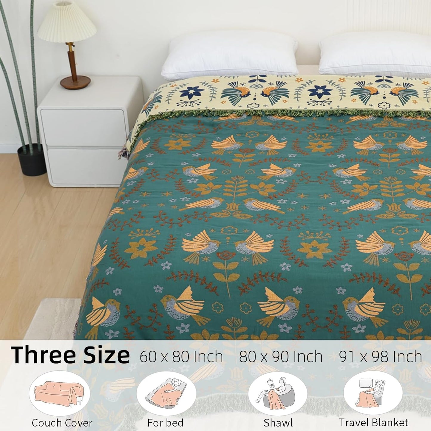 Boho Throw Blanket for Bed - 100% Pure Cotton Ultra Soft Rustic Quilt - Farmhouse Decor Bed Blankets, All Season Rustic Throw for Sofa Couch Chair(60"×80", Bird A)