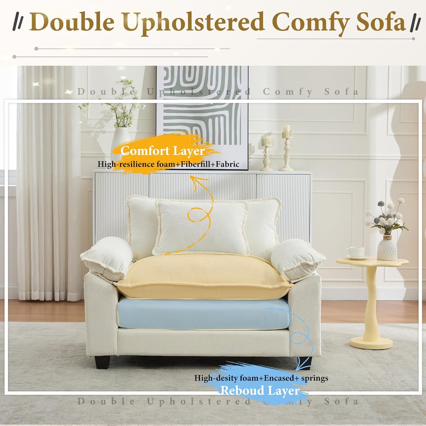 URRED Modular Sectional Sofa Comfy Cloud Couch, Modern Chenille Sofa Sleeper Deep Seat Couches with Ottoman/Pillows for Living Room (White, 53'')