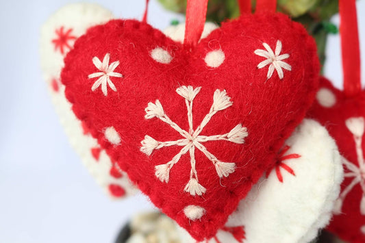 Hearts Christmas Ornaments Set of 4-Snowflake 100% Pure New Zealand Wool Handmade Eco-Friendly Valentine's Day Decor Shower Nursery Decoration Fair Trade (4, Heart)