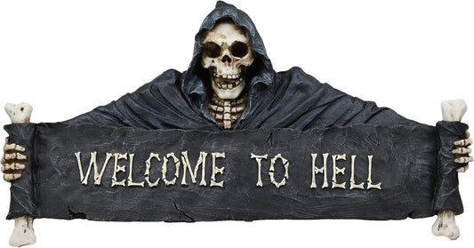 Ebros Large Grim Reaper Skeleton Opening Scroll Sign Of Bones Saying "Welcome To Hell" Wall Decor 17.5"Long Halloween Night Reaper Harvester of Souls 3D Hanging Art Plaque Sculpture