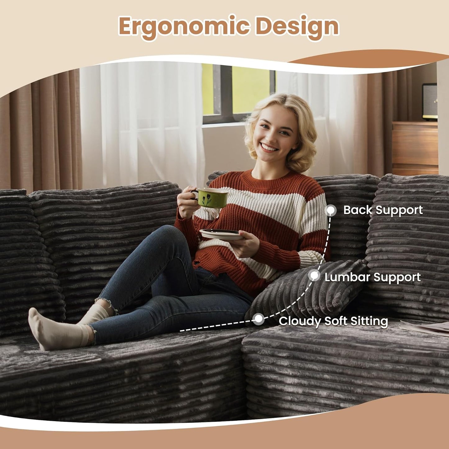 HOOOWOOO Cloud Sectional Couches for Living Room,Modular Sectional Sofa No Assembly,133X108 Inch Plush Corduroy Large U Shaped Floor Couch Set with Deep Seat Right Chaise(Gray)