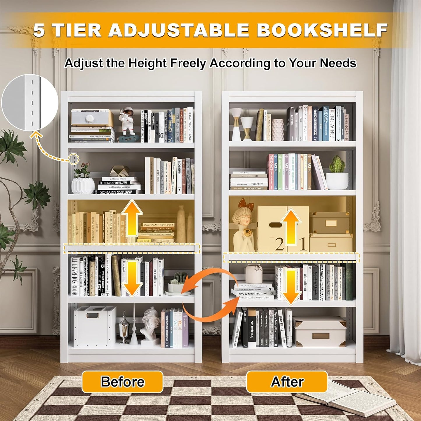 Bookshelf, 5 Tier Bookshelf with Adjustable Shelves, 69" H Tall Bookcase, Metal Bookshelves and Heavy Duty Bookcases for Living Rooms, Home Offices, Library, 10 Minutes Assemble
