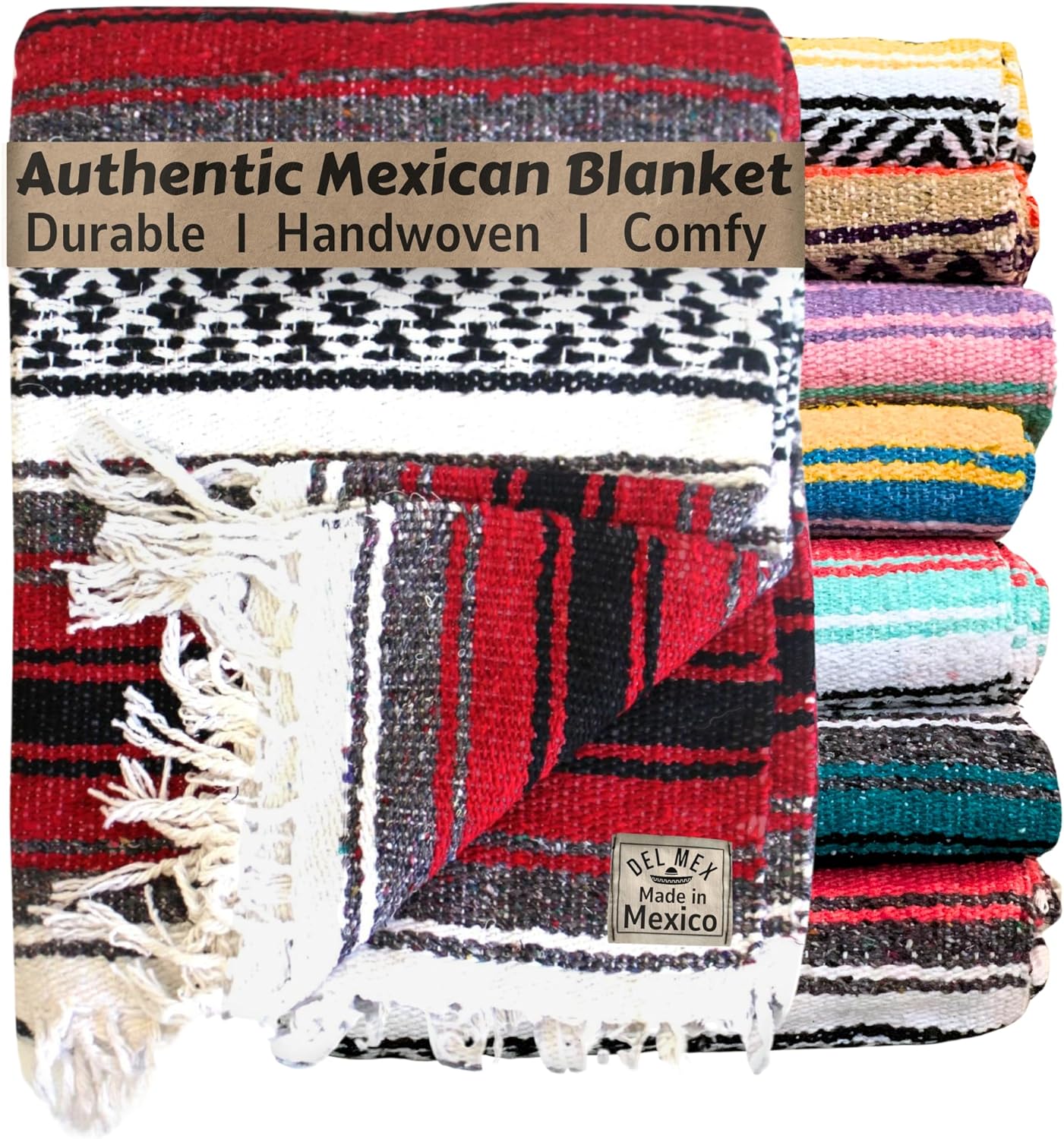 Del Mex Classic Mexican Blanket, Large Authentic Woven Falsa Throw (70"x50"), Artisan Southwest Décor for Beach, Yoga, Outdoors (Red)