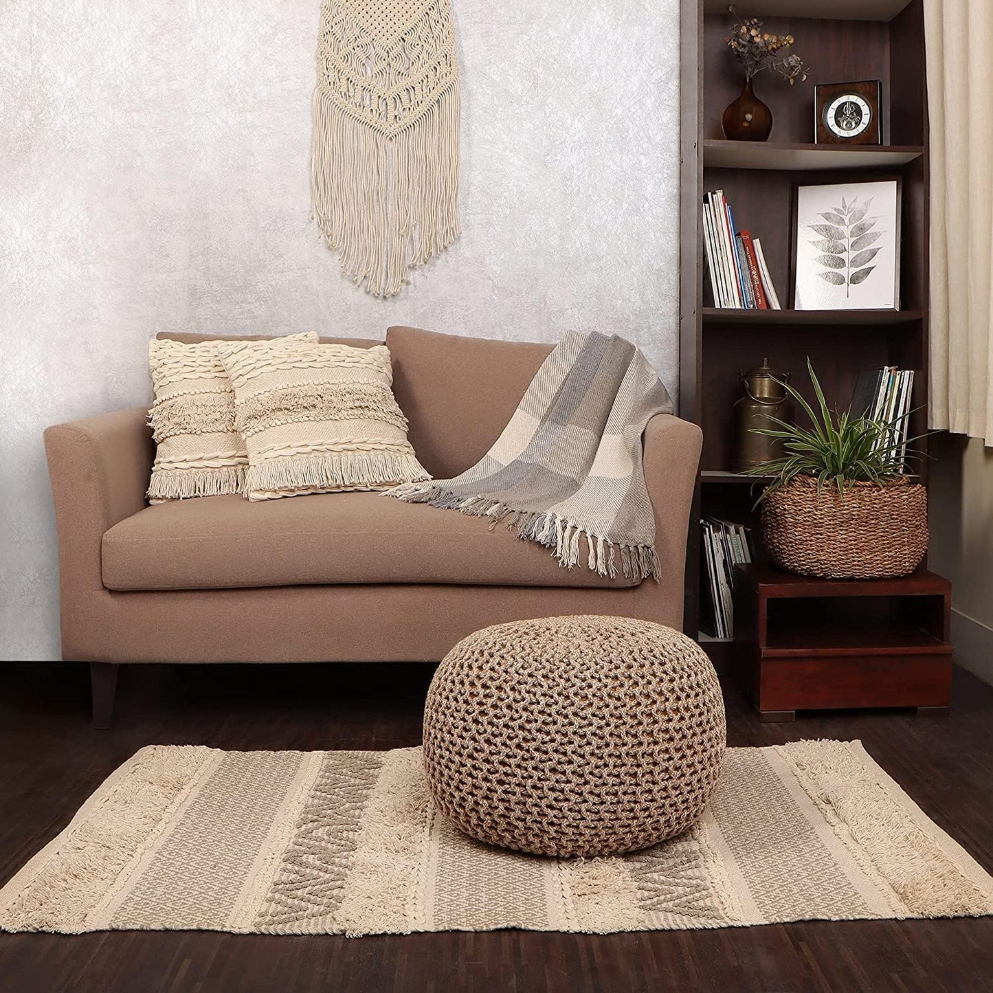 REDEARTH Round Pouf Ottoman - Hand Knitted Cable Boho Poof Home Décor Pouffe Circular Footrest for Living Room - Nursery - Bedroom - Lounge 100% Cotton (19.5"x19.5"x14") - Beige Ivory