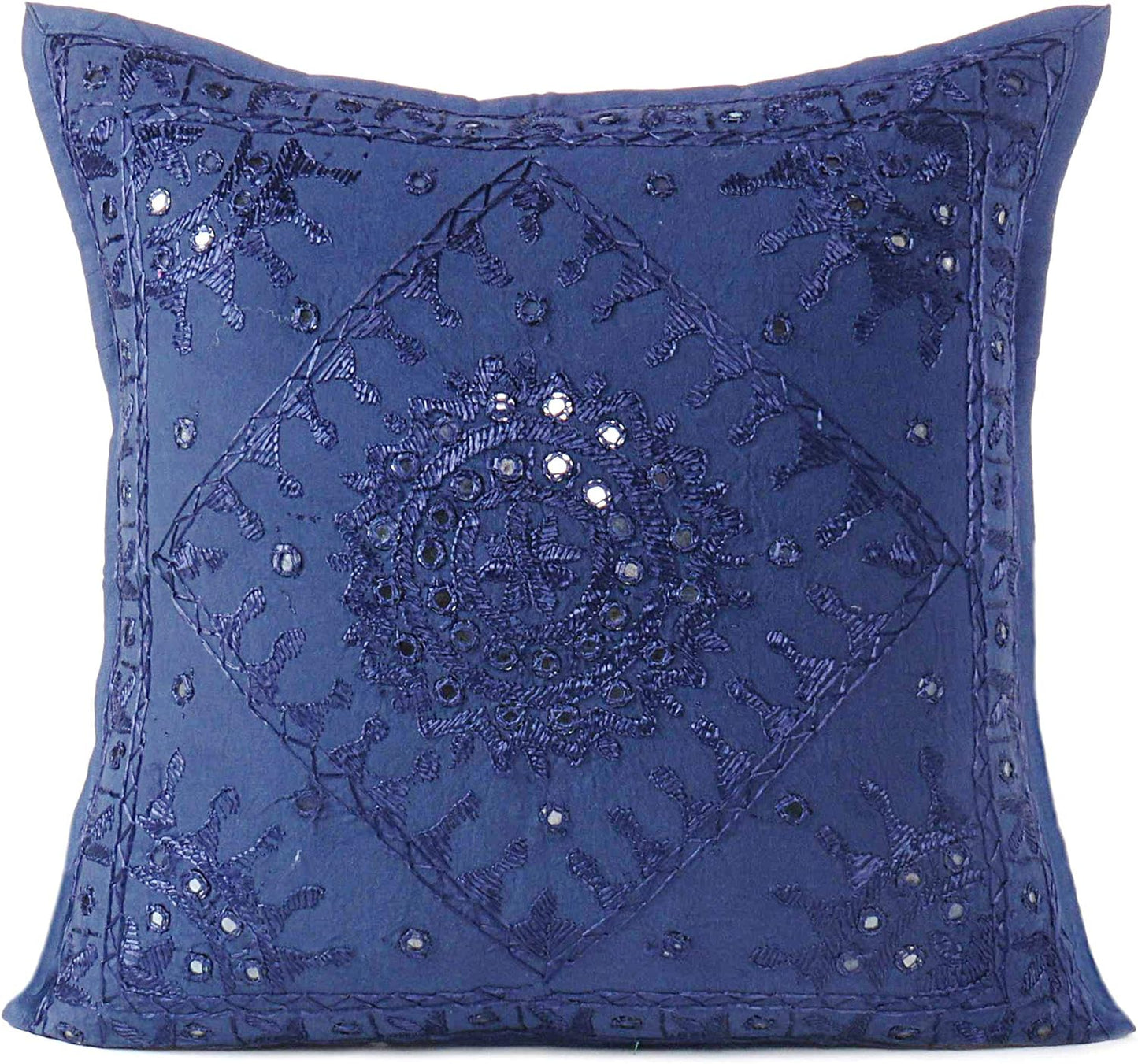 Eyes of India Embroidered Decorative Boho Throw Pillow Cover with Mirrors, Handmade Bohemian Accent Cushion Case for Sofa Couch Bedroom Living Room (Blue, 24" x 24")