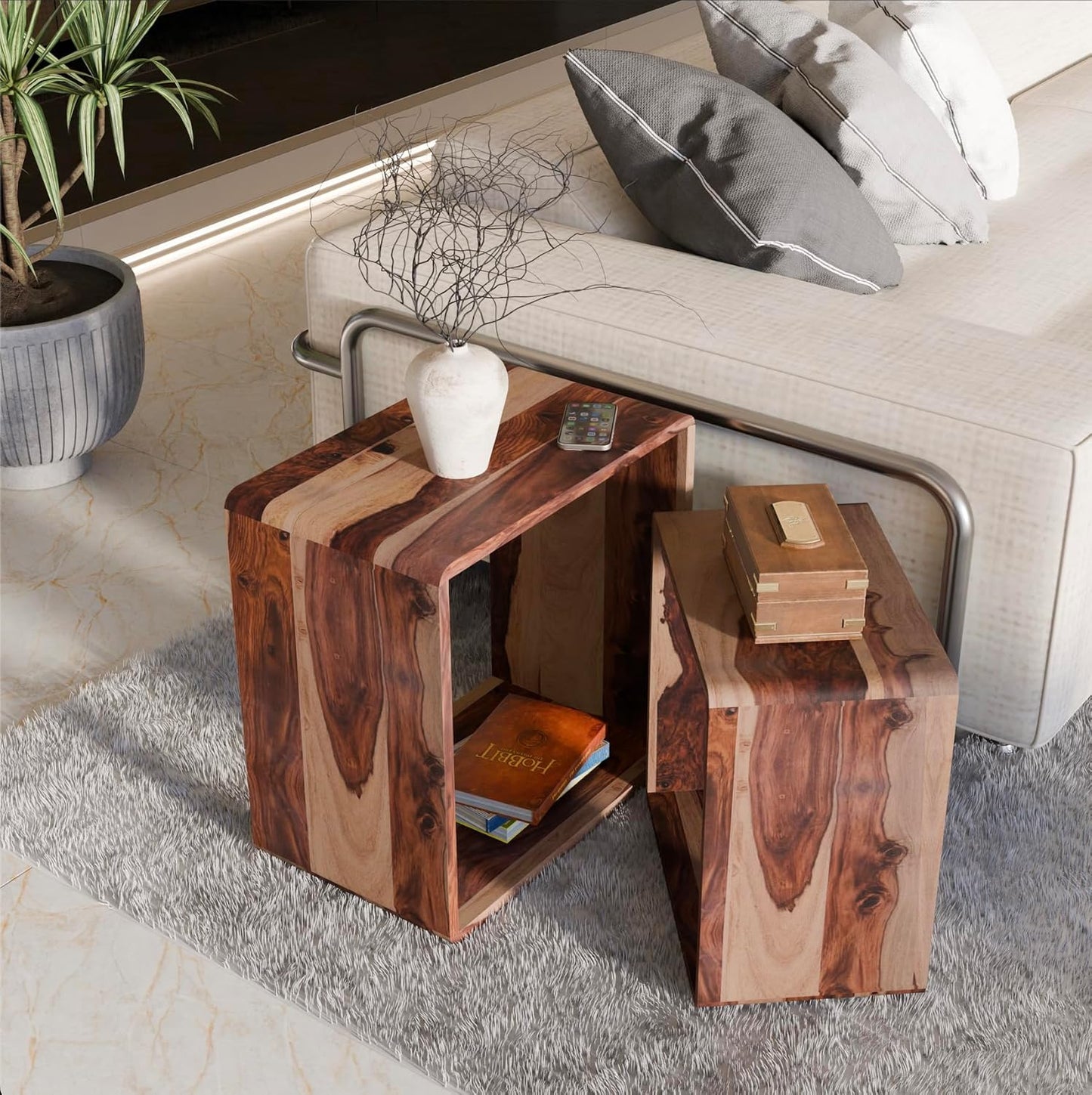 Relso Cascade Nesting Tables for Living Room with Premium Sheesham Wood Construction | Nesting End Tables with Smooth Curved Edges for Safety and Sophistication | Solid Wood Nesting Tables Set of 2