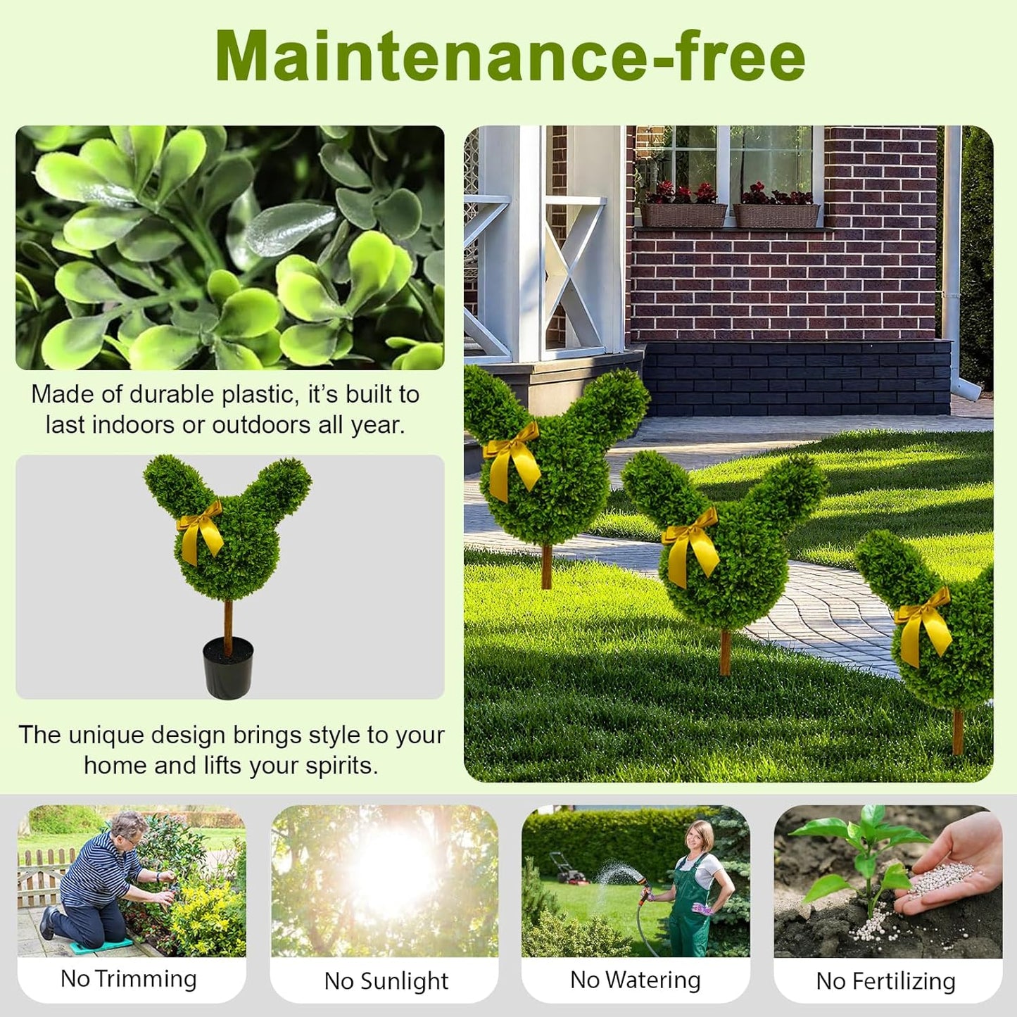 2 Pcs Artificial Bunny Shaped Topiary Trees, Artificial Green Boxwood Bunny Decorations with Gold Bow, Perfect for Indoor & Outdoor Front Porch, Easter& Garden Decor (Bunny Shaped Topiary Tree)