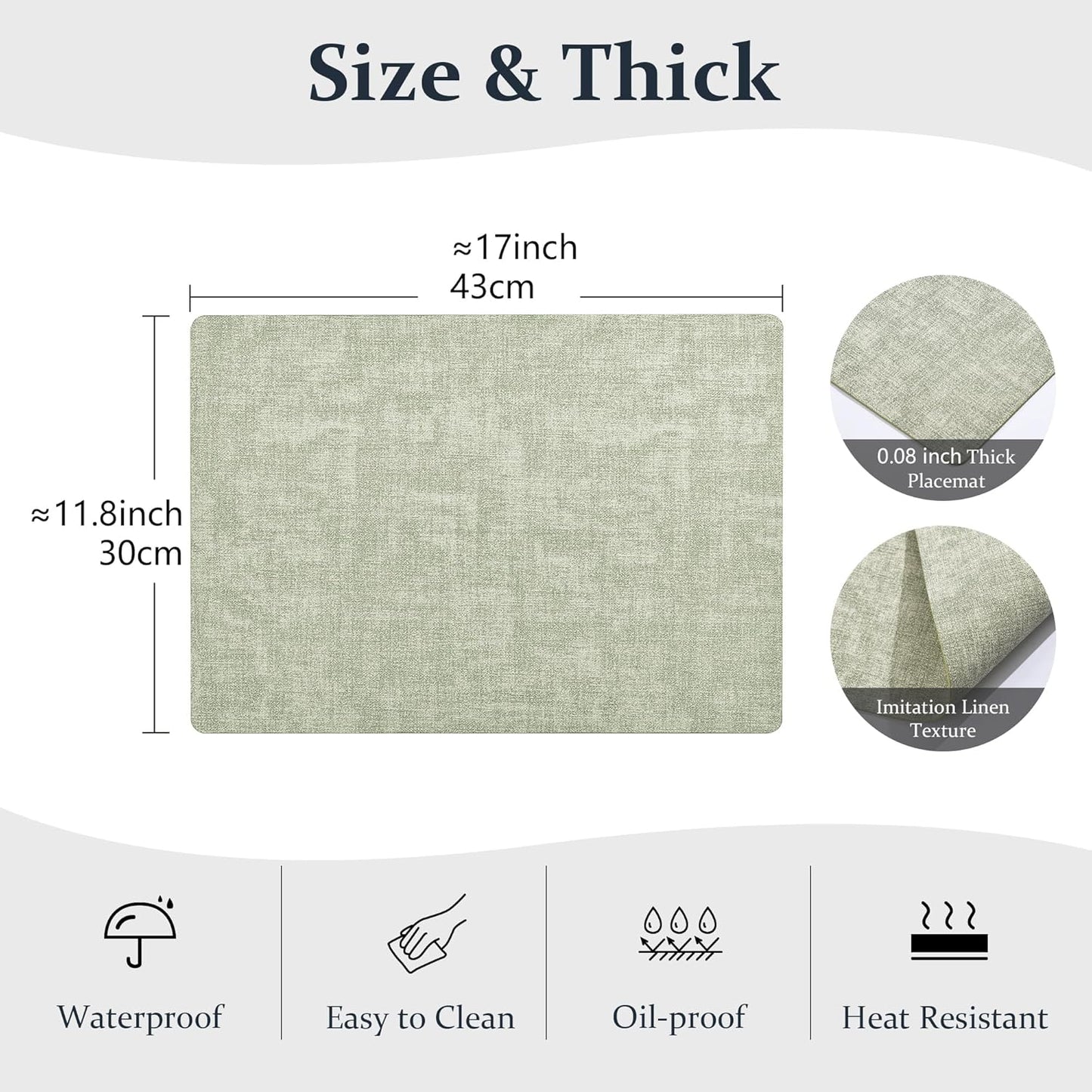 FROMHEART Faux Leather Placemats Set of 4–Waterproof,Heat/Oil Stain-Resistant PU Table Mat–Reversible,Non-Slip,Easy to Clean Place Mats for Kitchen,Dining,Indoor/Outdoor,(Light Green,11.8" x 17")