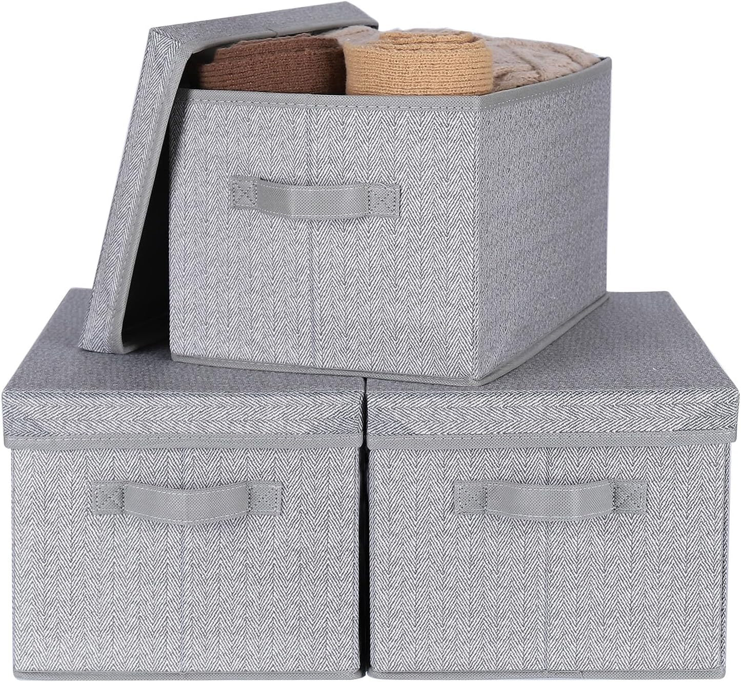 WUIKE 3 Pack Large Storage Bins with Lids, Fabric Closet Shelf Organizers, FoldableStorage Baskets with Cover for Bedroom, Herringbone Gray
