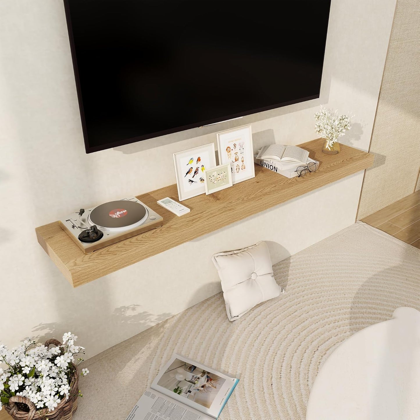 Fun Memories 55 Inch Floating Shelves, 12 Inch Deep Floating Shelf for Wall, 55 x 12 Large Floating Shelves for Fireplace Mantel, 2 Inch Thick Wall Shelf for Living Room, Bedroom, Oak Color, 1 Pack