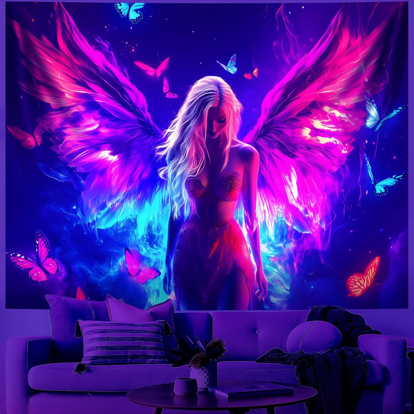 Blacklight Tapestry,WingTapestry Glow In The Dark,UV Reactive Black Light Upright Posters Wall Hanging for Bedroom Dorm Living Room Backdrop Decor (wing6, 79L" x 59W")