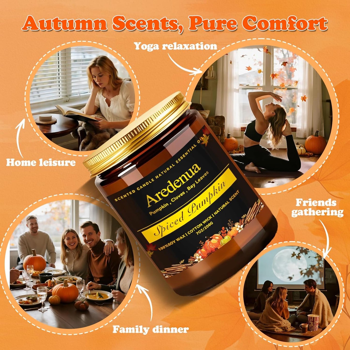 Fall Candles - Spiced Pumpkin Scented Candle, Autumn Scented Candles for Home - Natural Soy Autumn Candle - 7 oz Aromatherapy Candle, Fall Gifts for Women Men