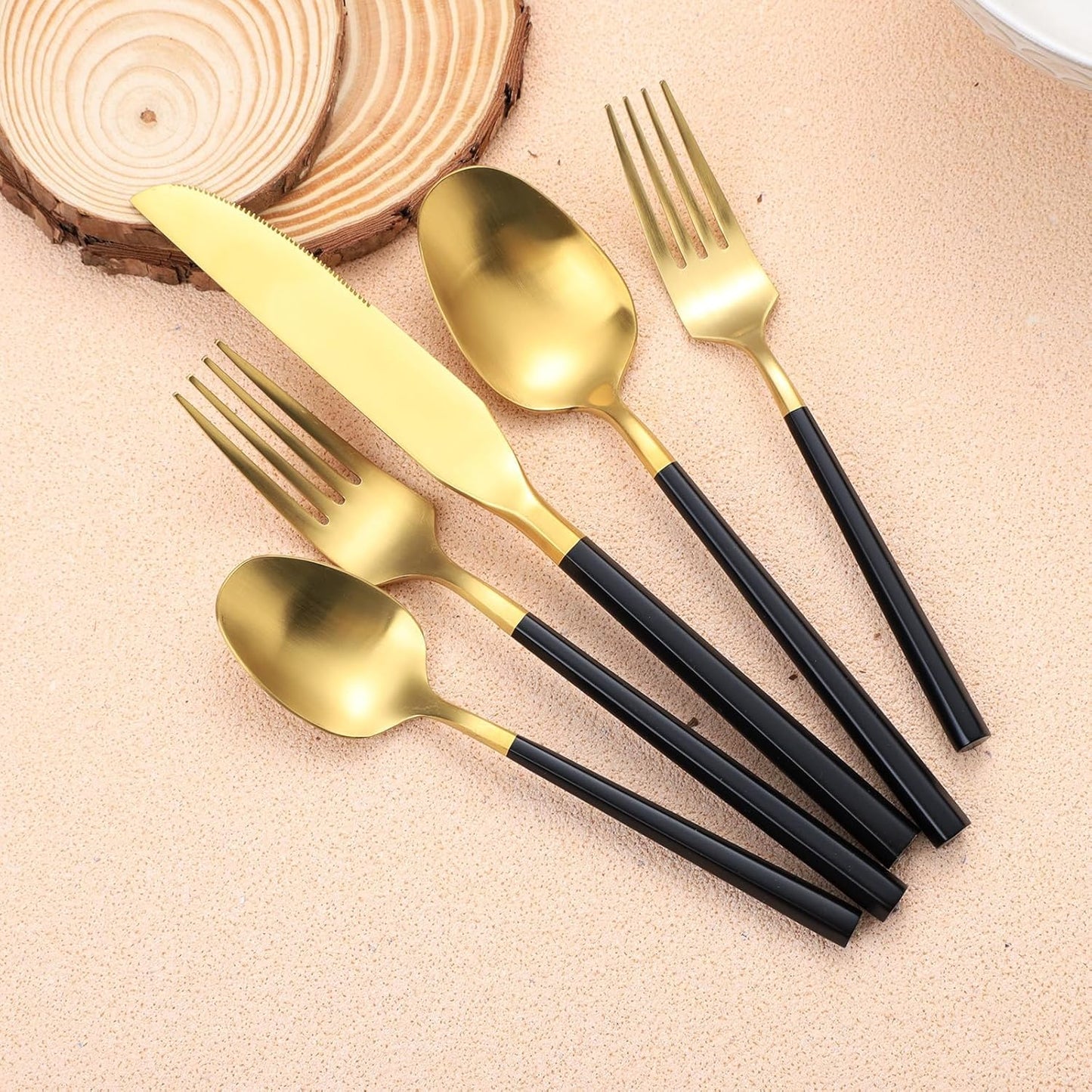 Matte Silverware Set Gold Flatware Set with Hexagon Handle 20 Pieces 18/0 Stainless Steel Cutlery Set Wedding Housewarming Gift Service for 4 (Matt black gold)