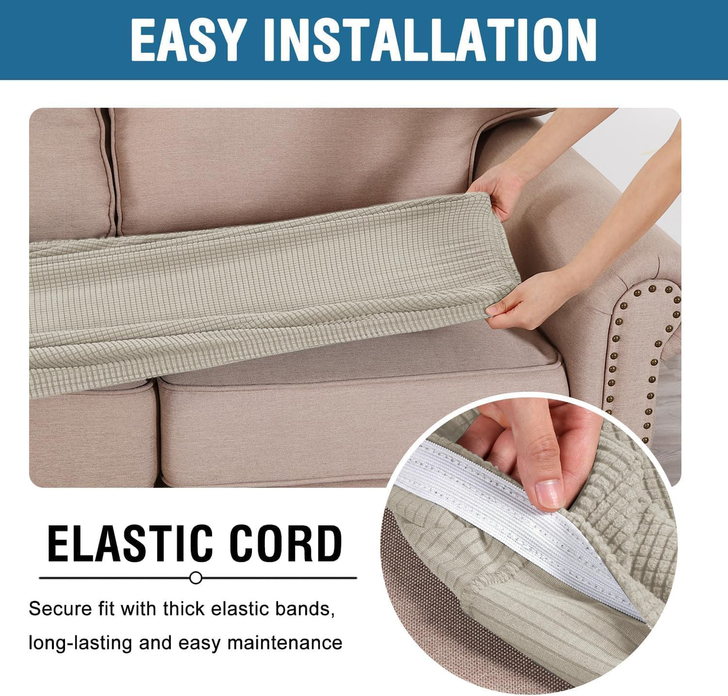 H.VERSAILTEX Super Stretch Individual Seat Cushion Covers - Sofa & Couch Cushion Slipcover Sets - Thick Jacquard Textured Twill Fabric (3 Piece, Island Fossi)