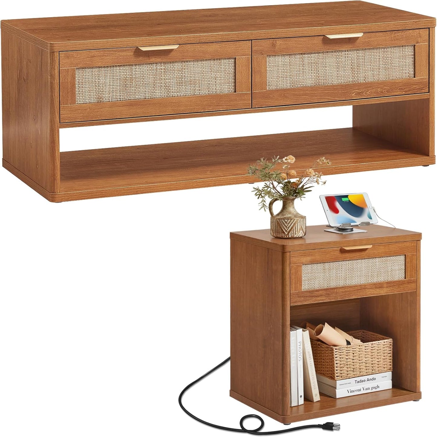 LEYAOYAO Boho Rattan Coffee Table Sets 2 Pieces, Nightstand with Charging Station and Coffee Table with Hidden Storage Compartment, Brown Living Room Table Set, Wood Furniture Sets for Home Office