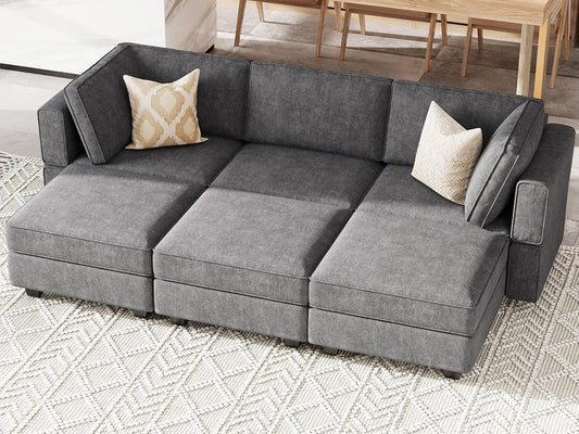 Belffin Terry Fabric Modular Sectional Sleeper Sofa Bed with Storage Convertible Sectional Couches for Living Room 6 Seaters Dark Grey Modular Sofa