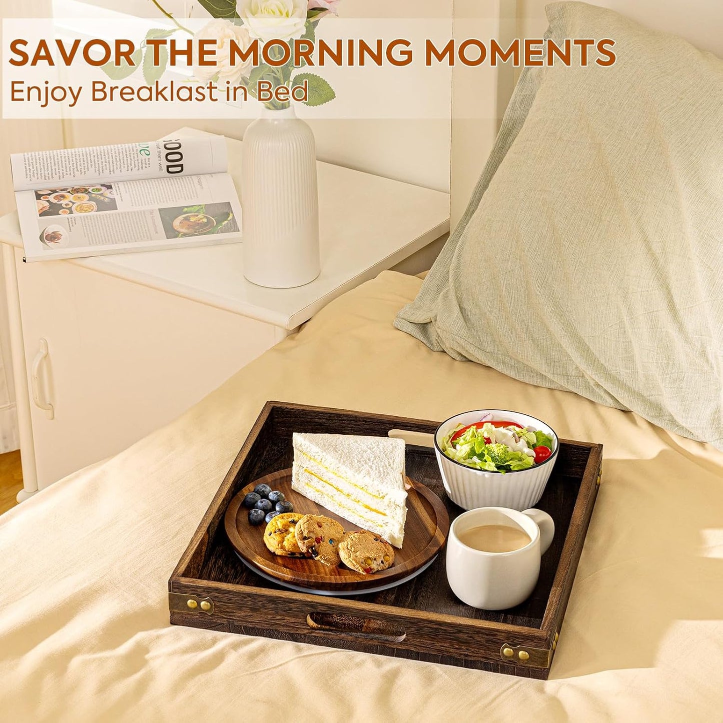 Yangbaga Serving Tray with Handles,12.5"*12.5"Wood Decorative Tray for Living Room,Modern Coffee Table Tray,Square Large Serving Platters for Home Decor,Ottoman,Bed,Kitchen,Bathroom, Breakfast,Bar