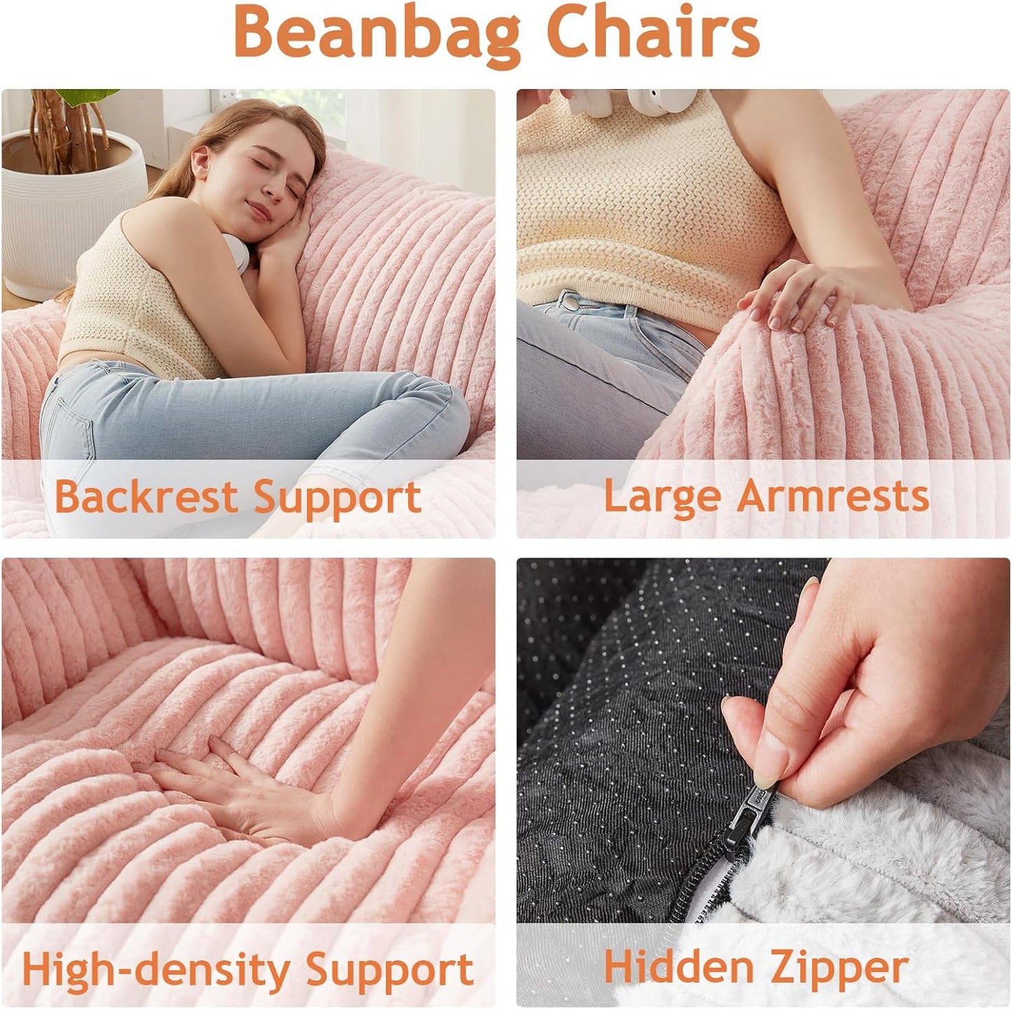 Giant Bean Bag Chairs for Adults with Filling Plush Fluffy Bean Bag Chairs for Teens with Armrests Comfy BeanBag Lazy Couch Sofa Chair for Bedroom Living Room Reading