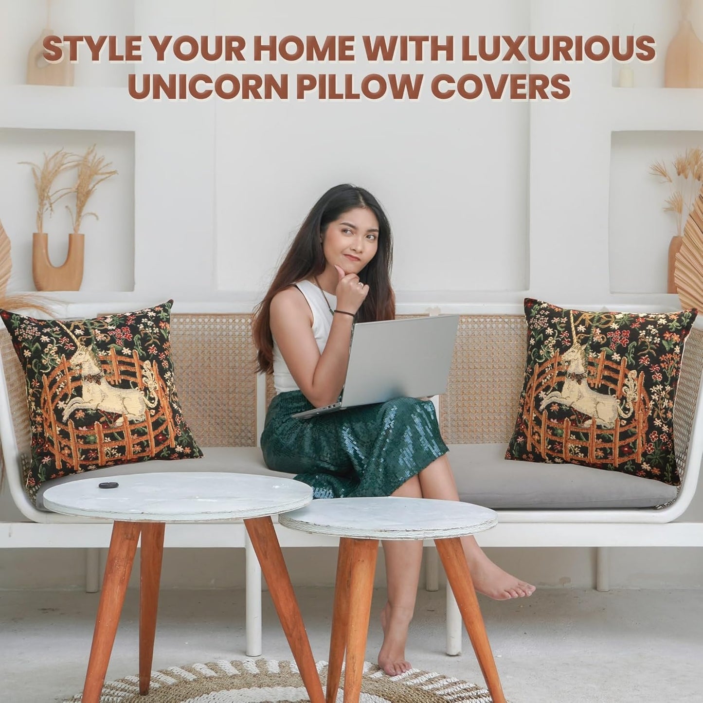 Charlotte Home Furnishings Couch Pillow Covers 16X16 in, Unicorn Decorative Throw Pillow Covers, Belgian Square Tapestry Cushion Case, Living Room Bed Sofa Home Decor, Soft Cotton Jacquard Woven