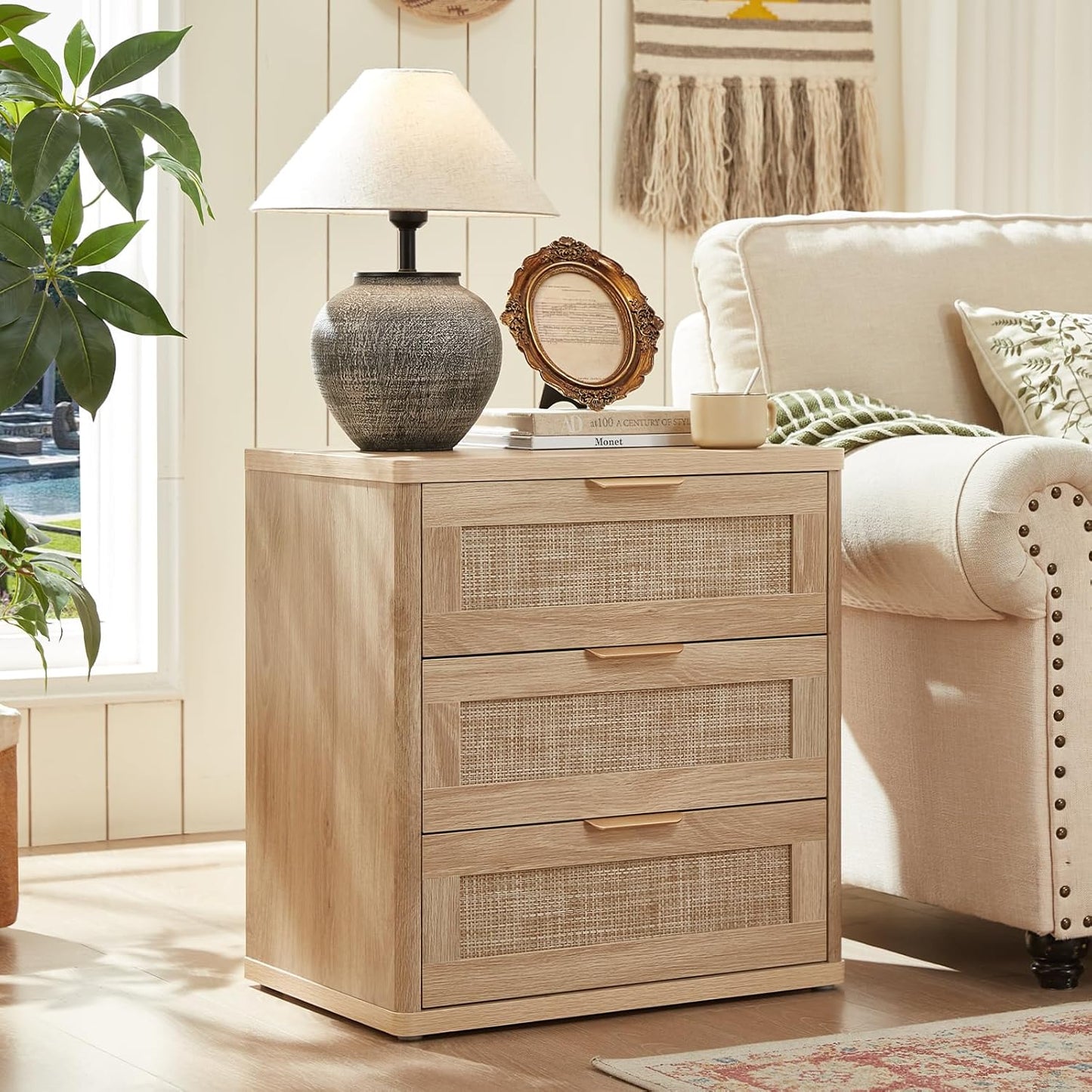 LEYAOYAO Boho Rattan Coffee Table and End Table Sets, 48" Wide Center Tables & 23" Night Stand with 3 Drawers, Natural Wood Coffee Table for Living Room 3 Piece Set