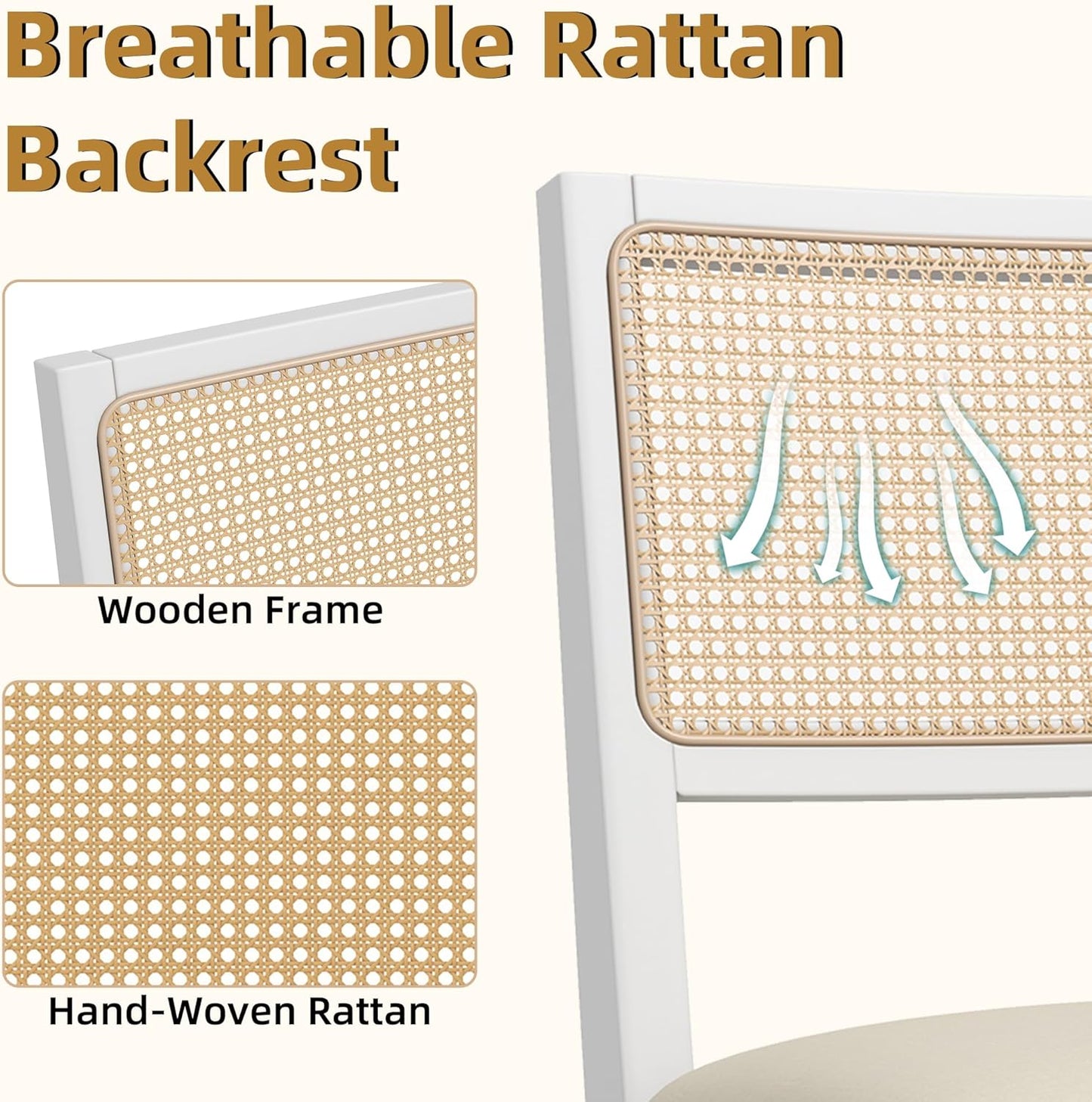 Westice Rattan Dining Chairs Set of 2, Farmhouse Natural Dining Room Chairs with Upholstered Cushion, Wood Armless Chairs for Kitchen/Restaurant, White