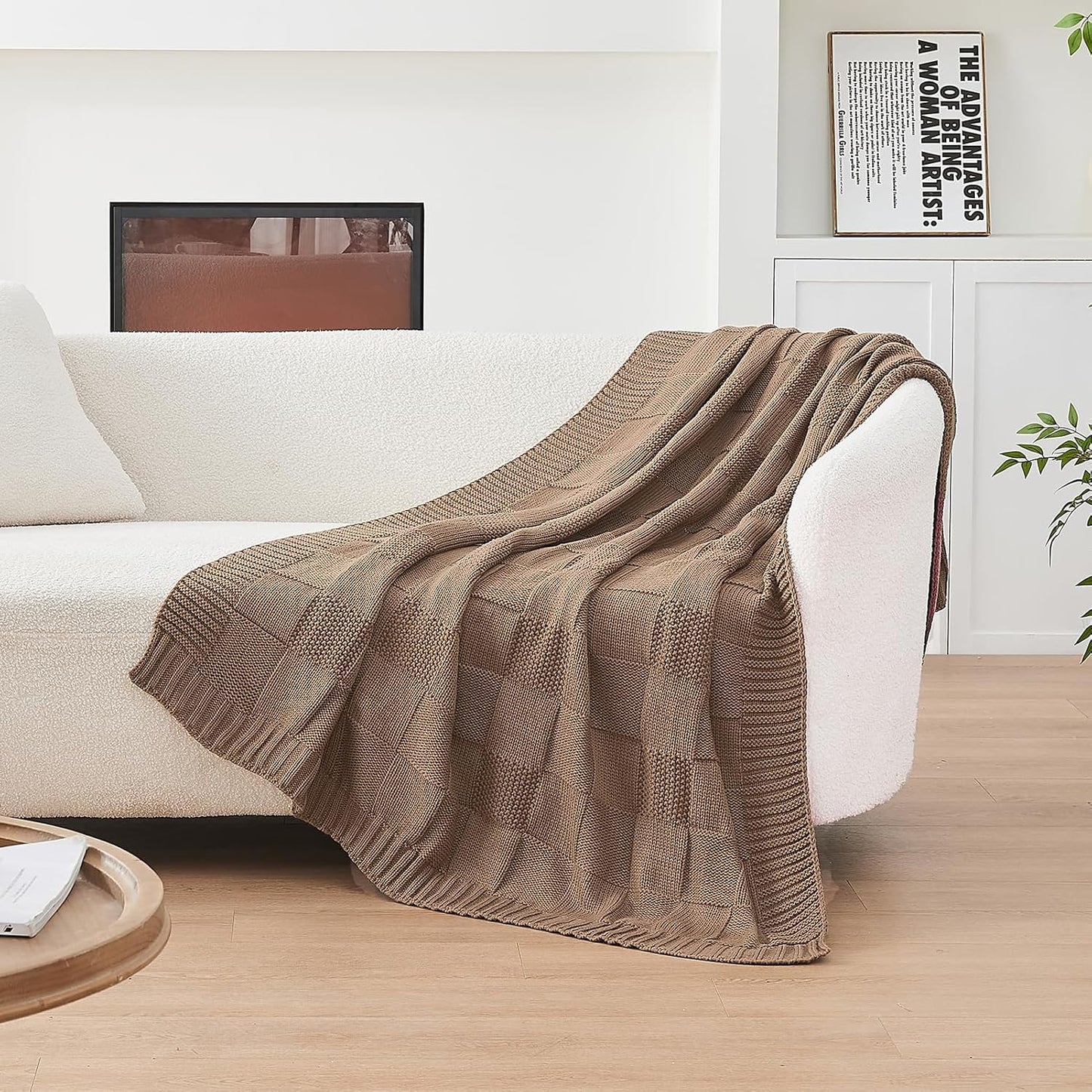 CozeCube Check Knit Throw Blanket, Light Brown Checkered Throw for Couch, Decorative Christmas Soft Cozy Warm Knitted Blanket for Bed Sofa Living Room, 60"X80"