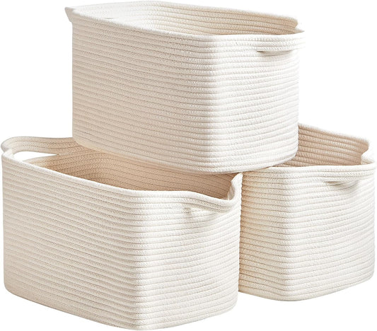 3 Packs Cotton Rope Woven Basket With Handles for Shelves -15"*10.2"*9.1"(White)