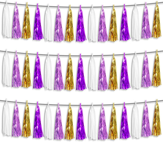 3P Purple-Gold Party Decoration Tassel Garland, Tassels Banner Streamers for Parade Floats, Bachelorette, Wedding, Birthday, Halloween, Christmas, Bridal/Baby Shower Party Decorations