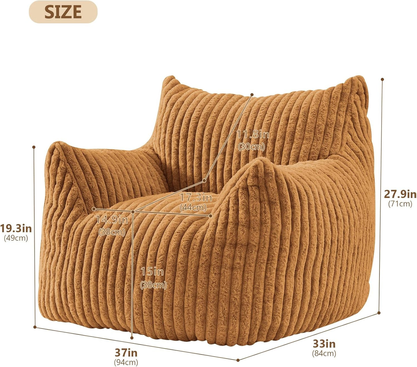Giant Bean Bag Chairs for Adults Teens, Large Bean Bag Sofa Chairs with Filling Comfy Fuzzy BeanBag Chair with Armrests for Bedroom Living Room Reading (Brown, Medium)