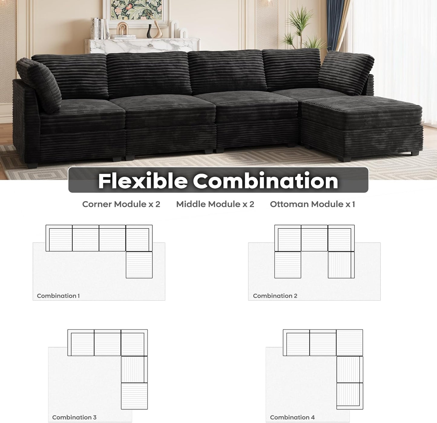 ovios Sectional Sofa Couch with L-Shape Chaise Ottoman, Comfy Modular Cloud Couches with Deep Seat, Modern Upholstered Plush Corduroy Sofas Set for Living Room, 5-Seater, Black