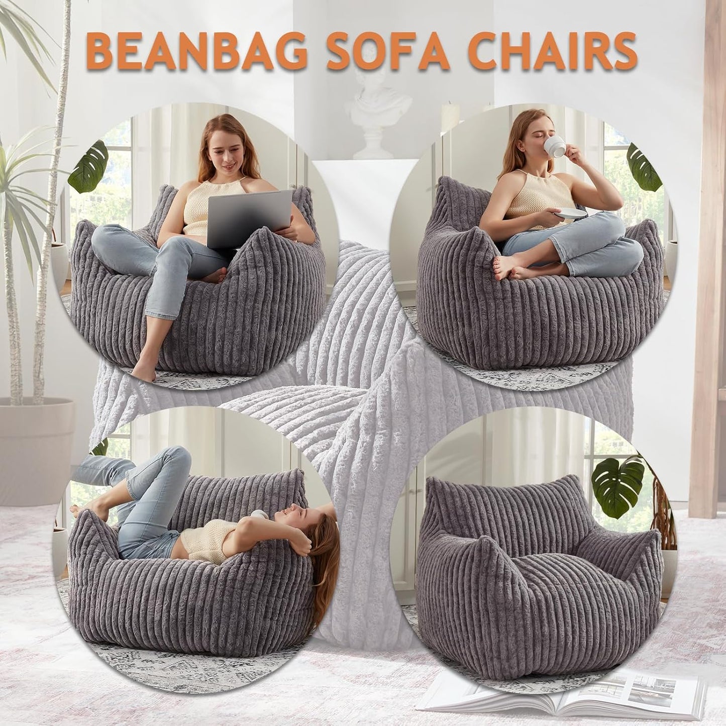 Giant Bean Bag Chairs for Adults with Filling Plush Fluffy Bean Bag Chairs for Teens with Armrests Comfy BeanBag Lazy Couch Sofa Chair for Bedroom Living Room Reading (Dark Gray2, M-for Teens/Adults)