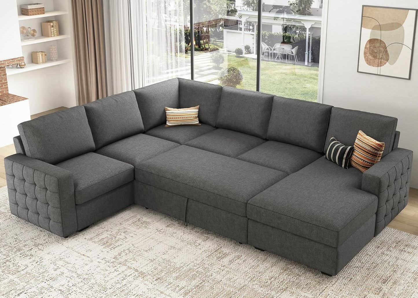 HONBAY Sectional Sleeper Sofa with Pull Out Bed U-Shape Sectional Couch Sleeper Bed with Storage Chaise 6 Seater, Light Grey