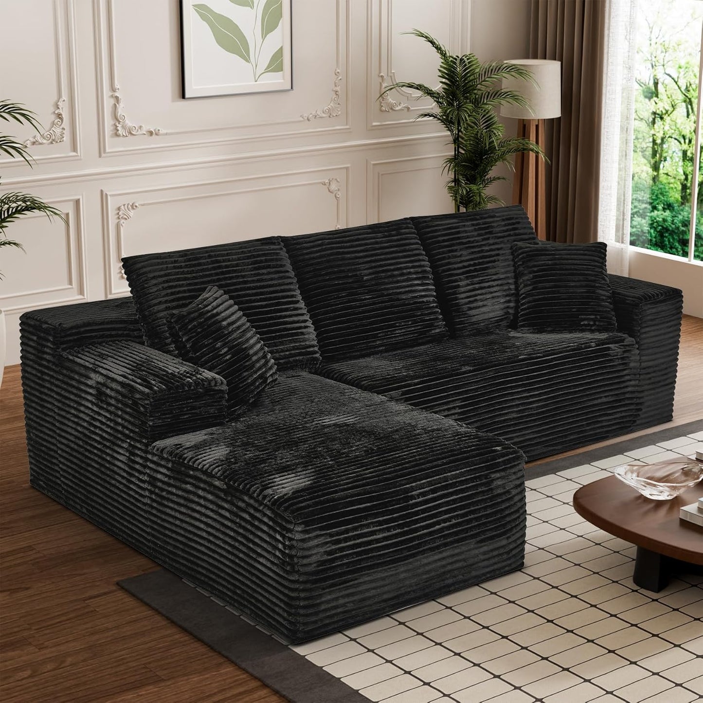 Modular Sectional Sofa Cloud Sectional Couch, 107" Comfy Fluffy L Shaped Black Couches for Living Room, Deep Seat Memory Foam Plush Corduroy Boneless Couch Sectionals with Left Facing Chaise Sofa