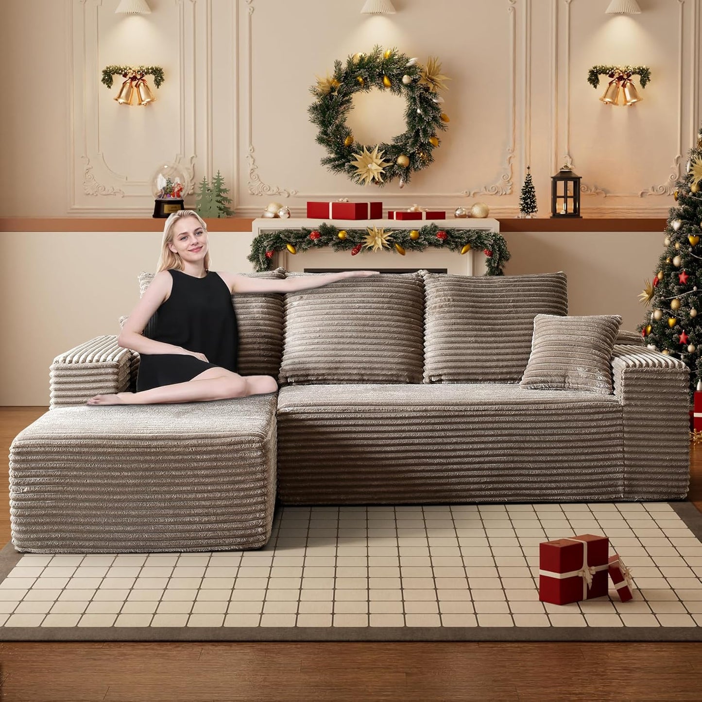 HYJT-H&K Modular Sectional Sofa Cloud Couch, 107" Comfy L Shaped Sectional Couches for Living Room, Deep Seat Memory Foam Plush Fluffy Corduroy Boneless Couch Sectionals Left Facing Sofa Chaise Brown